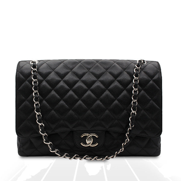 Chanel Double Flap Maxi Bag Black Caviar Silver Hardware