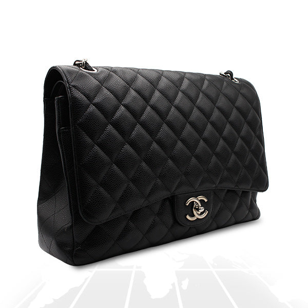 Chanel Double Flap Maxi Bag Black Caviar Silver Hardware