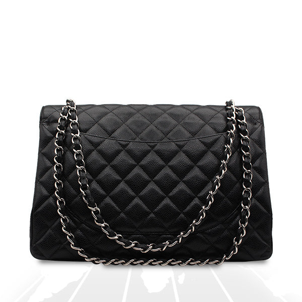 Chanel Double Flap Maxi Bag Black Caviar Silver Hardware