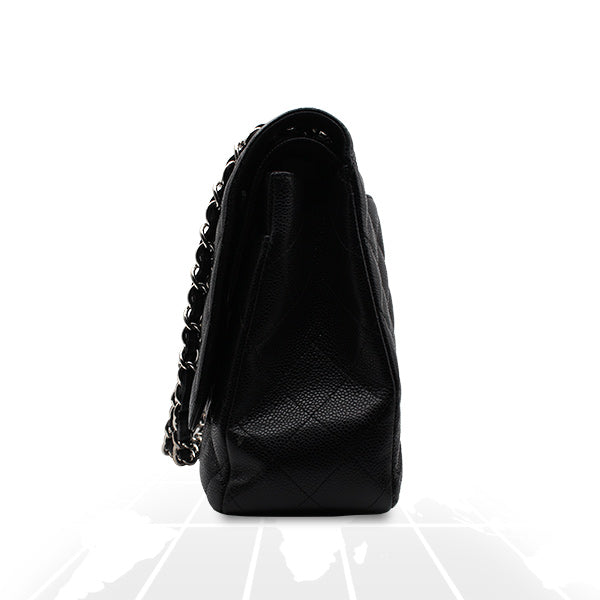 Chanel Double Flap Maxi Bag Black Caviar Silver Hardware