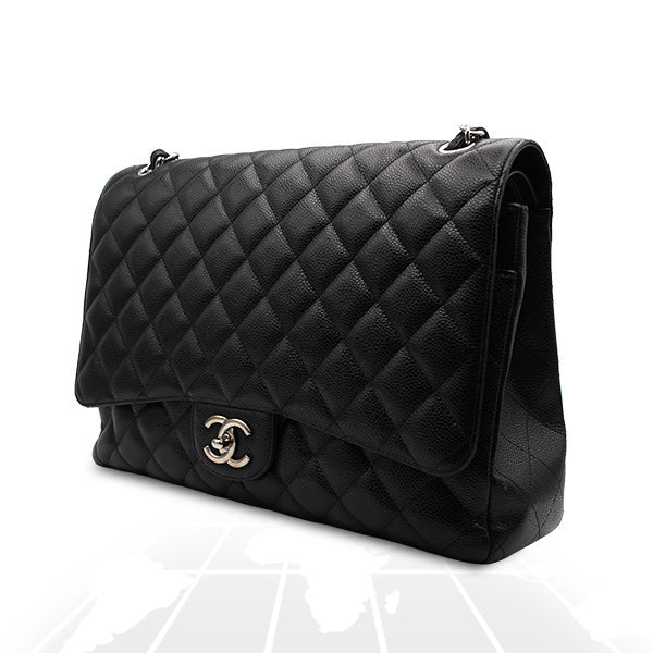 Chanel Double Flap Maxi Bag Black Caviar Silver Hardware