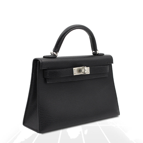 Hermes	Mini Kelly Chevre Chamkila Noir Silver Hardware